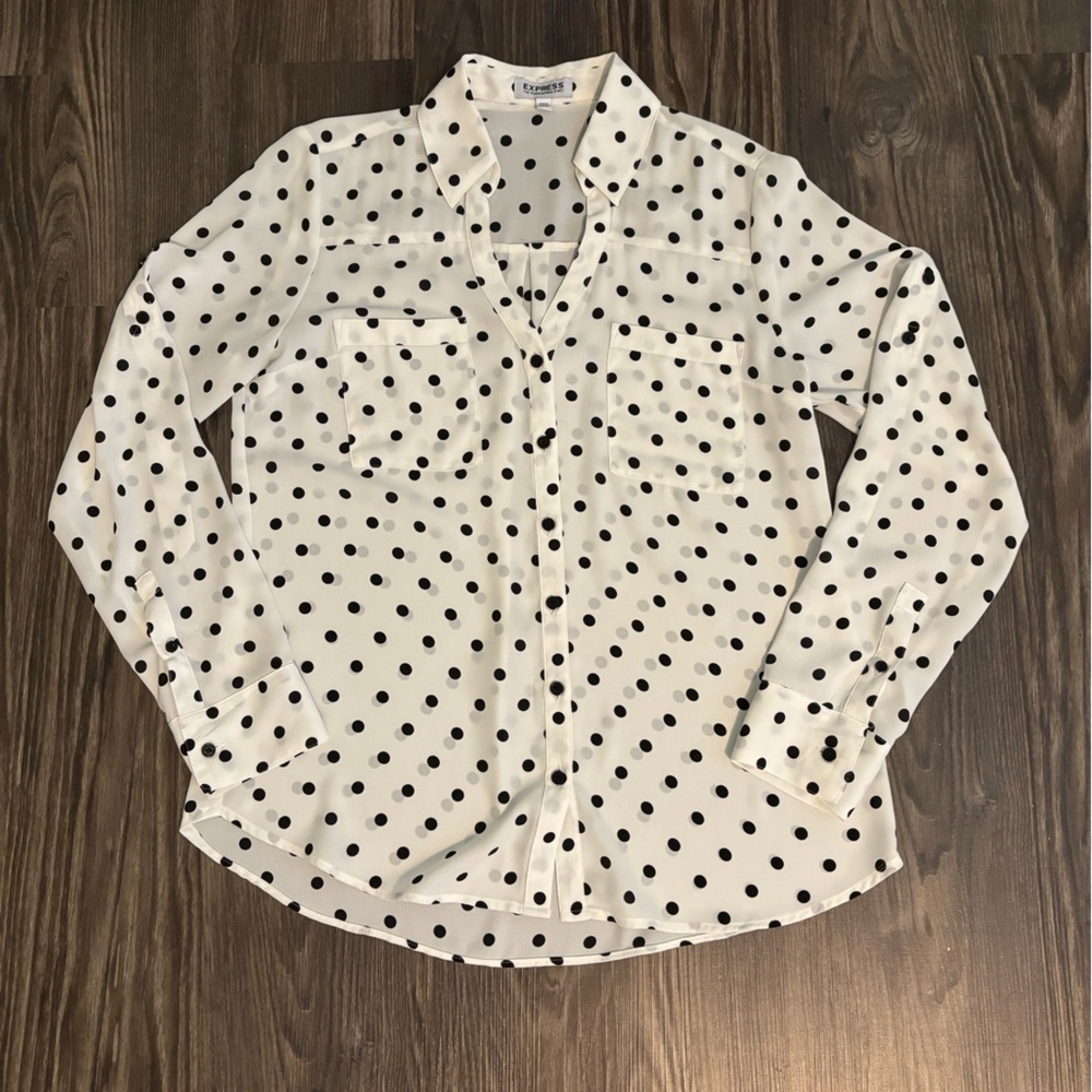 EXPRESS Sz S The Portofino Shirt - Roll Tab Sleeve - Black/White Polka Dot